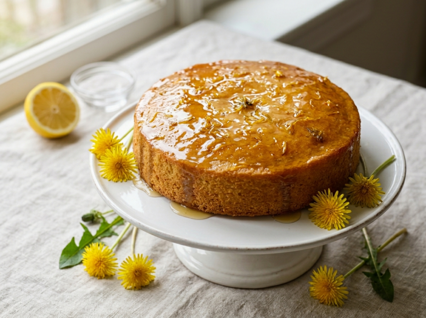 Dandelion syrup sponge cake on a white stand, glazed with amber syrup and garnished with fresh dandelion flowers