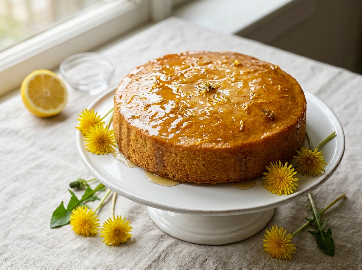 Dandelion syrup sponge cake on a white stand, glazed with amber syrup and garnished with fresh dandelion flowers