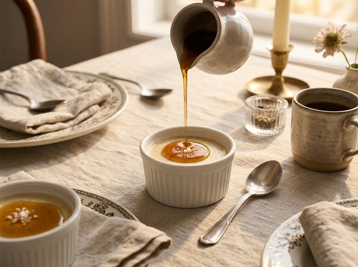 Single ramekin of maple vanilla pudding with amber maple syrup being poured over the top in warm afternoon light