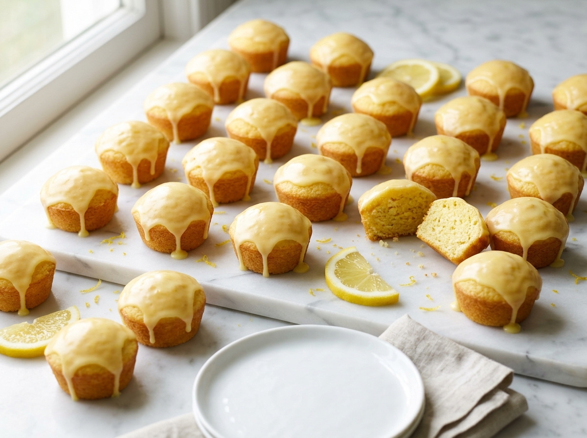 Mini lemon tea cakes with glossy lemon glaze on marble surface, one cake cut open showing soft golden crumb