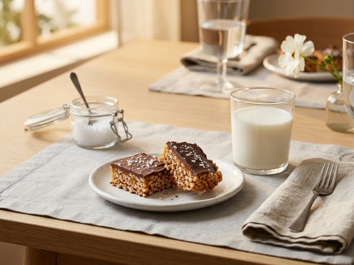 Two salted caramel rice bars on a white plate beside a glass of cold milk, one bar broken to show chewy interior