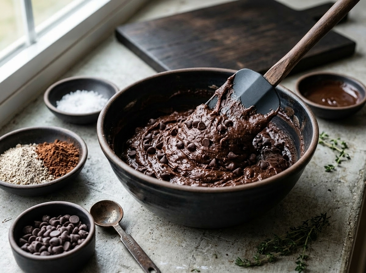 Folding dark chocolate chips into rye chocolate cake batter with a rubber spatula in a mixing bowl