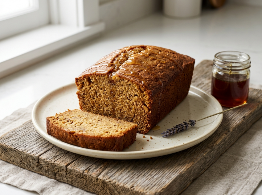 Whole barley honey cake loaf on wooden board with honey drizzle and one slice showing golden nutty crumb