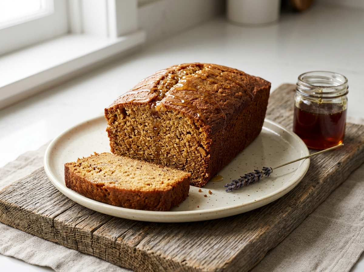 Whole barley honey cake loaf on wooden board with honey drizzle and one slice showing golden nutty crumb