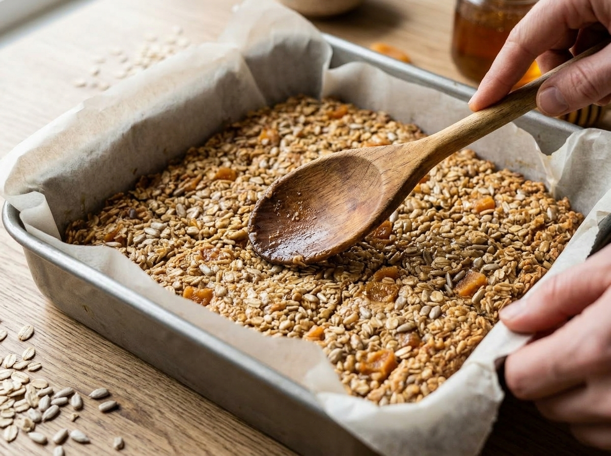 Pressing spelt oat and honey mixture firmly into a parchment-lined baking pan before baking