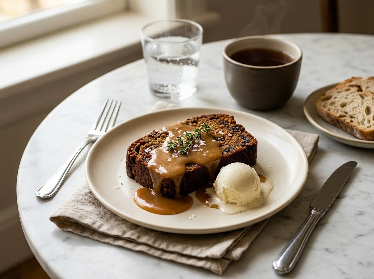 A slice of sticky toffee loaf cake with toffee sauce and melting vanilla ice cream on a cream ceramic plate.