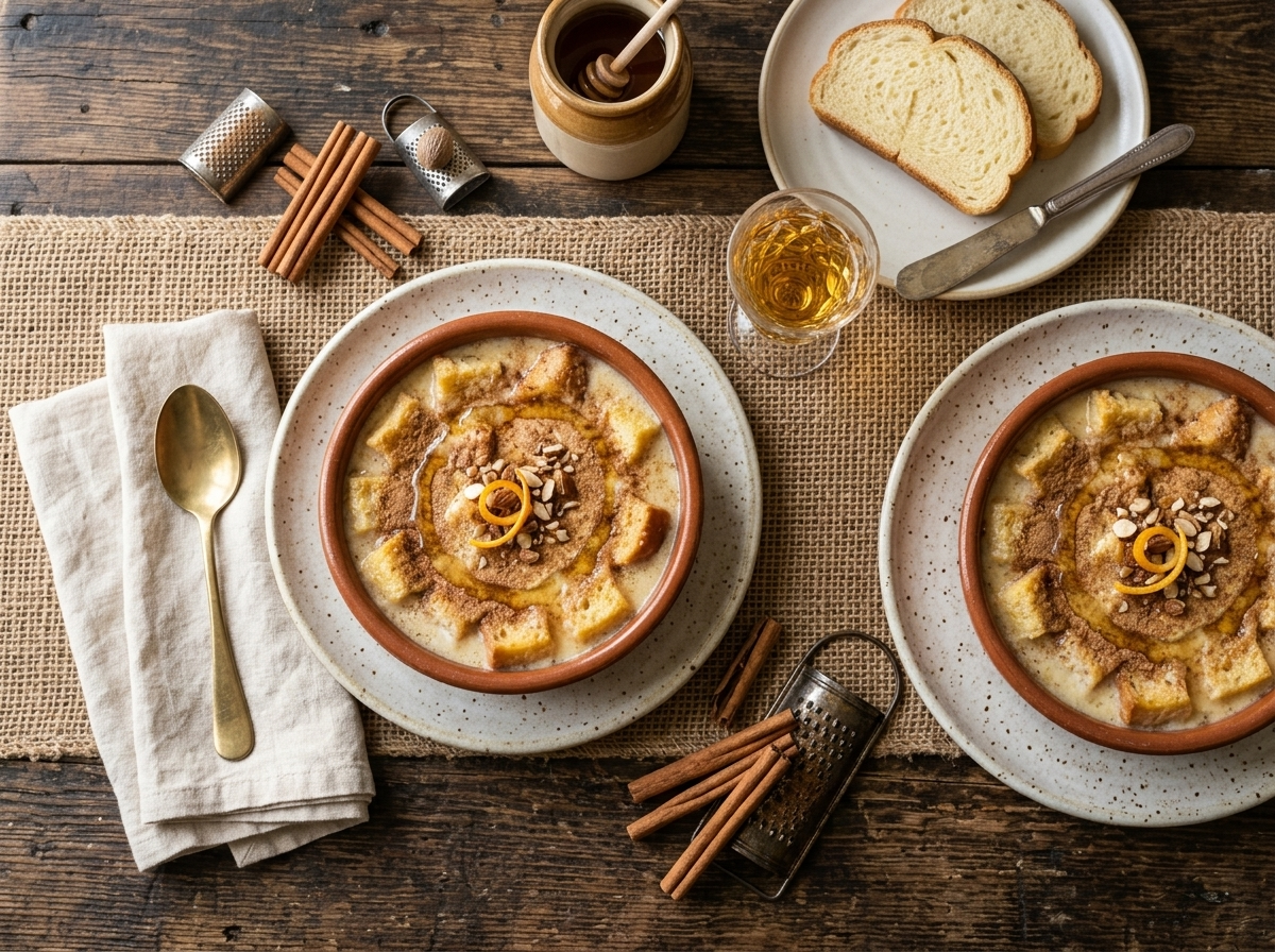 Two bowls of Portuguese sweet bread soup dessert on a wooden table with honey jar, cinnamon sticks, and a glass of Moscatel