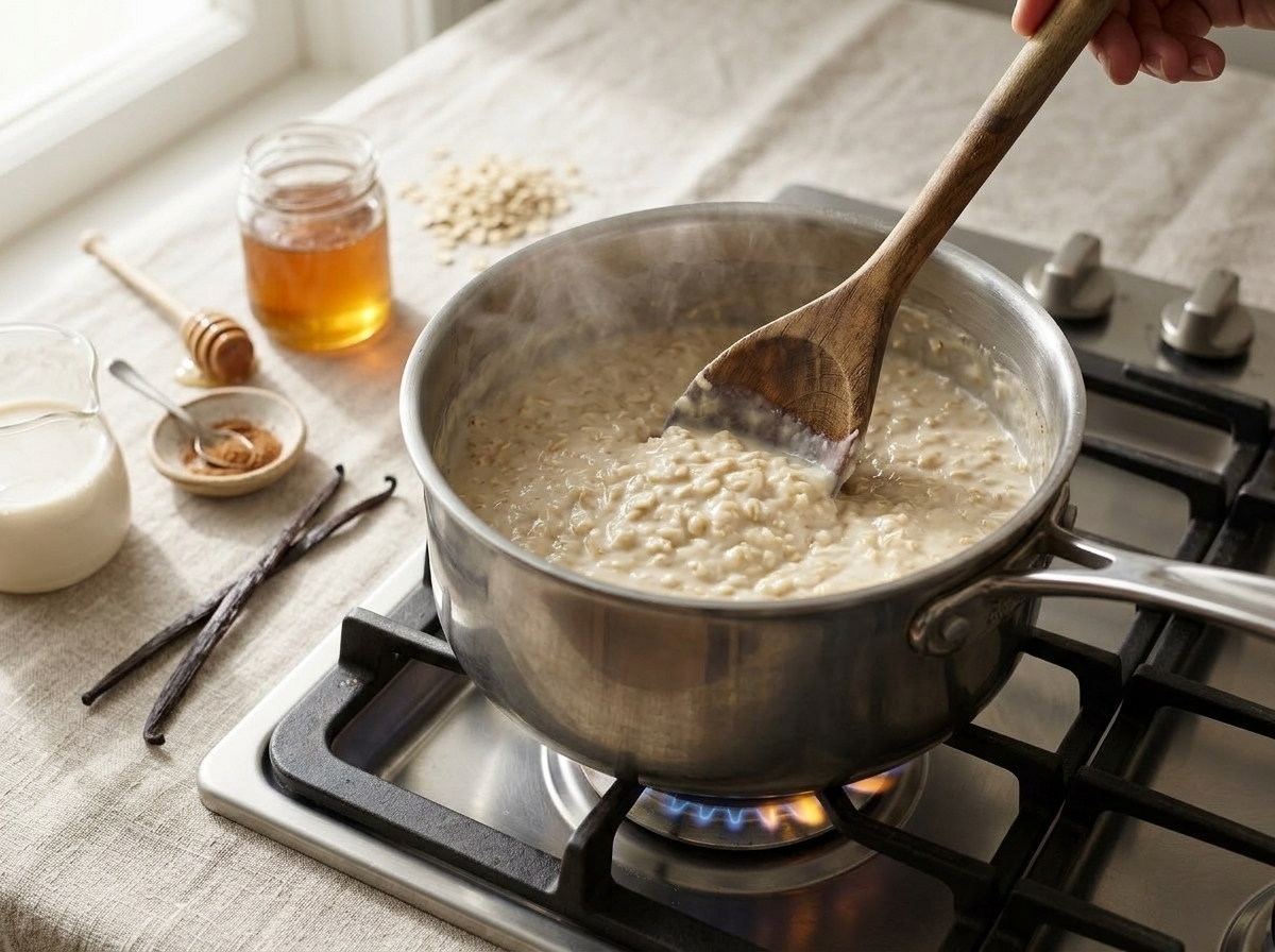 Wooden spoon stirring thick vanilla oat pudding in a saucepan with steam rising during stovetop cooking