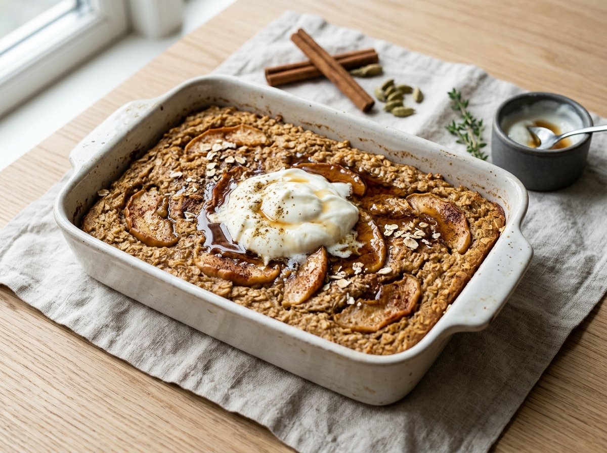 Nordic baked apple porridge in a white ceramic dish with golden oat top and cinnamon-spiced apple slices