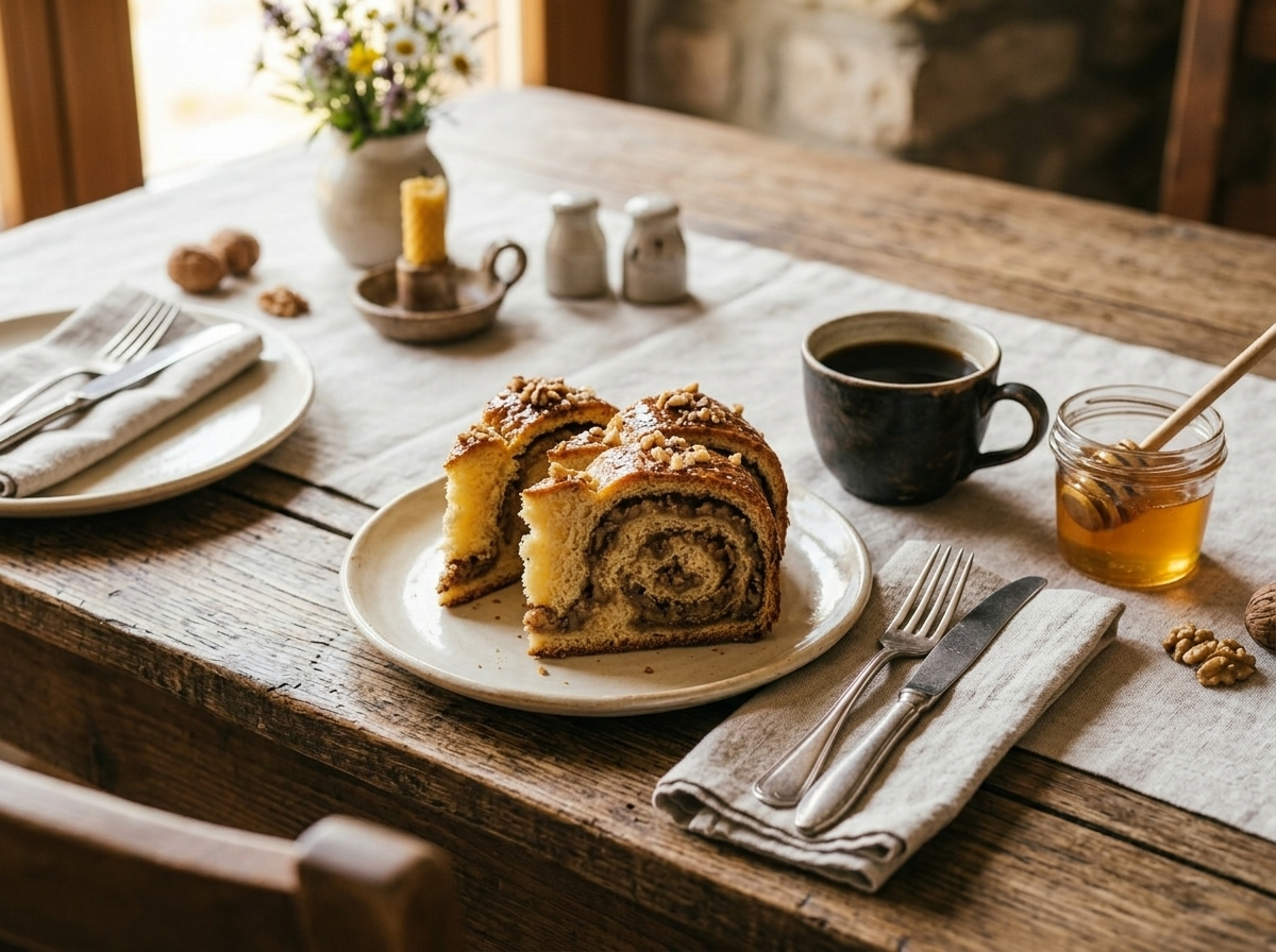Three slices of honey nut cake on a ceramic plate beside a cup of black coffee and a jar of wildflower honey