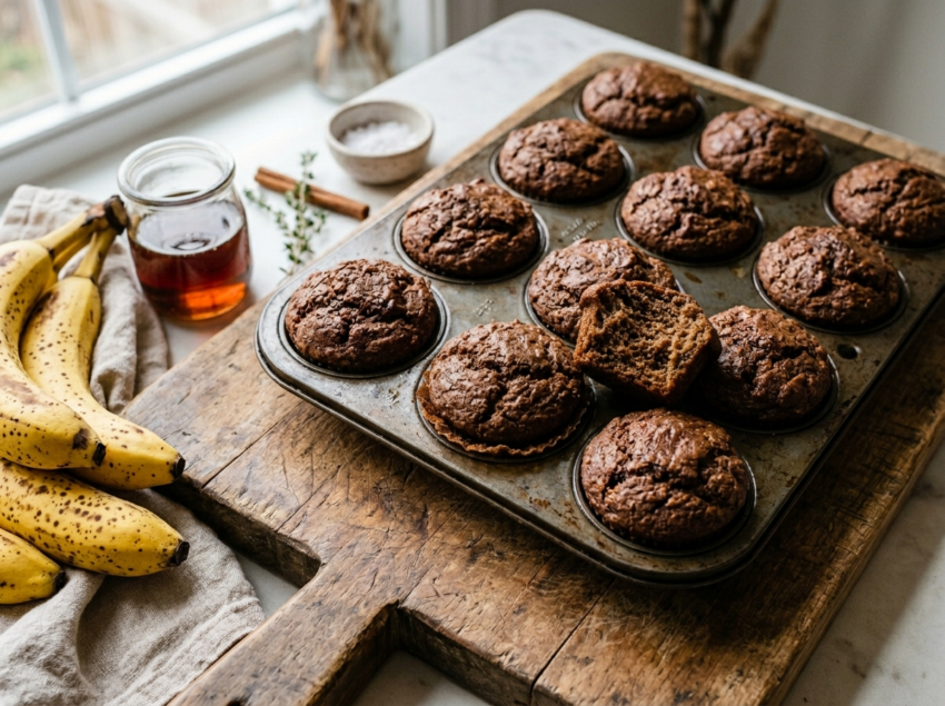 Teff banana muffins in a tin on a wooden board, one broken open showing moist dark crumb, with ripe bananas alongside