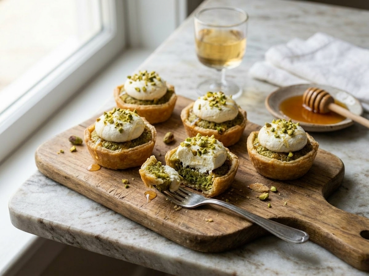 Six finished mini pistachio tartlets on a wooden board with vanilla cream, chopped pistachios, and a glass of Moscato wine.