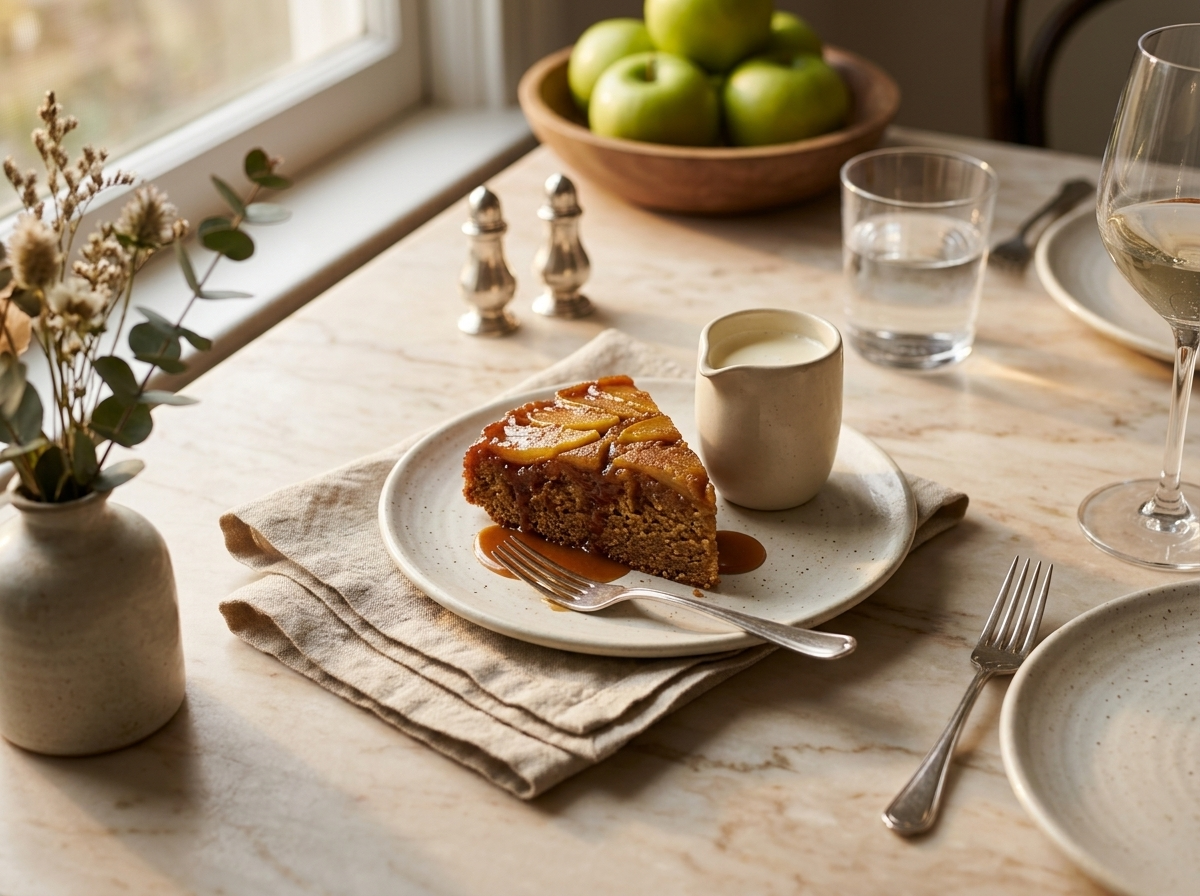 Slice of toffee apple skillet cake on a cream plate with a jug of cream and Granny Smith apples alongside