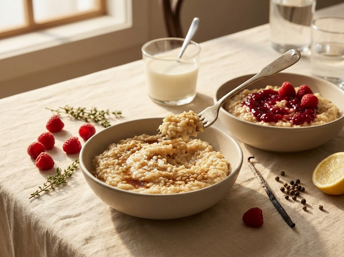 Two bowls of warm toasted rice pudding with raspberry jam and fresh berries on a linen dining table