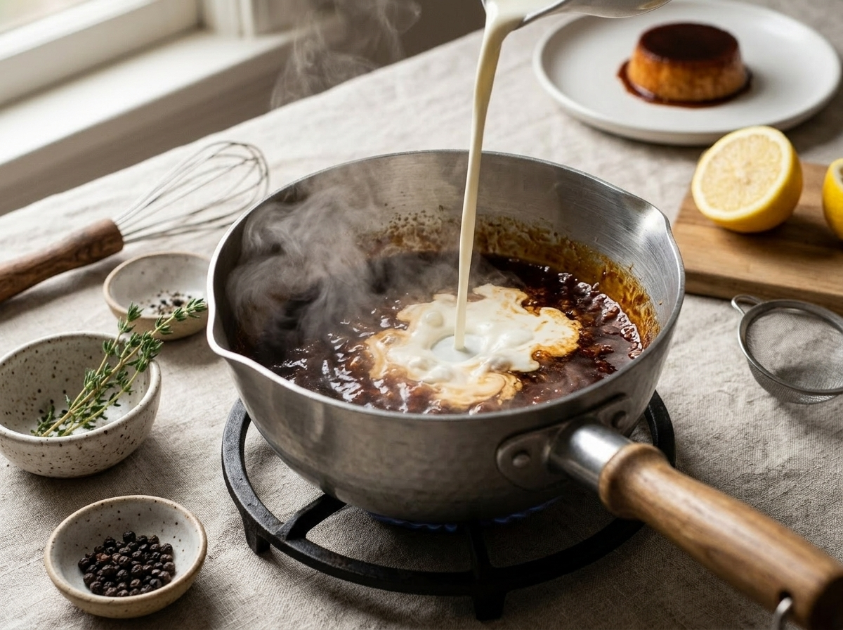 Dark mahogany caramel in a saucepan with heavy cream being poured in, creating steam on a gas burner