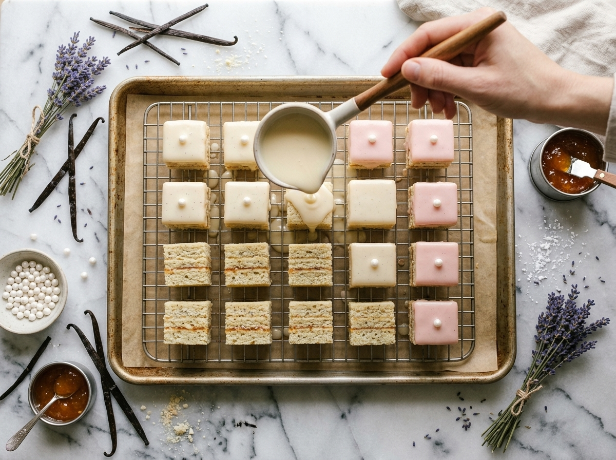 Warm fondant being poured over vanilla almond sponge cubes on a wire rack, showing buttercream layers