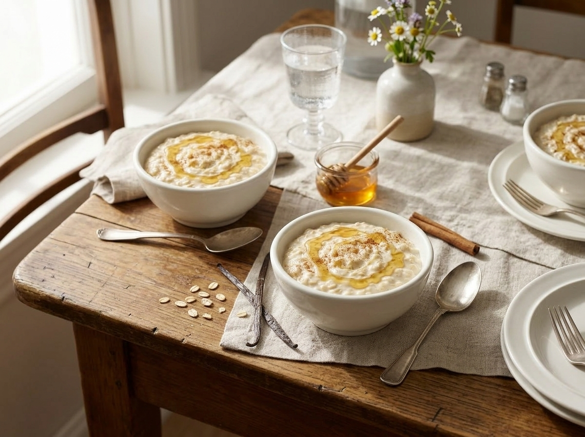 Two glass ramekins of chilled vanilla oat pudding topped with whipped cream and cinnamon sticks on a wooden table