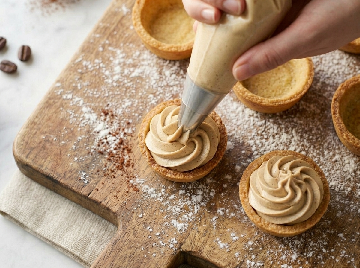 Piping swirled espresso mascarpone cream into a golden baked mini tart shell on a wooden board
