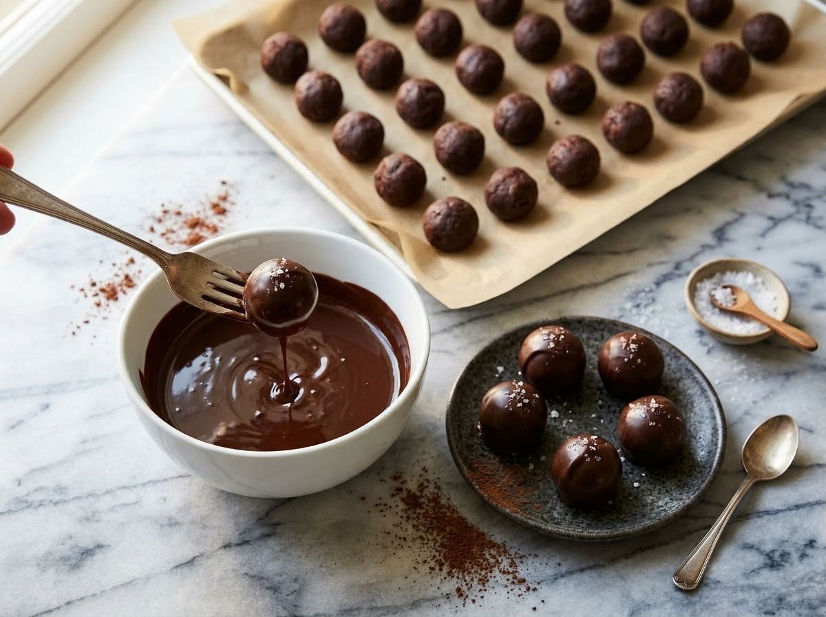 Fork lifting a chocolate-dipped brownie truffle over a bowl of melted chocolate with uncoated balls on parchment in the background