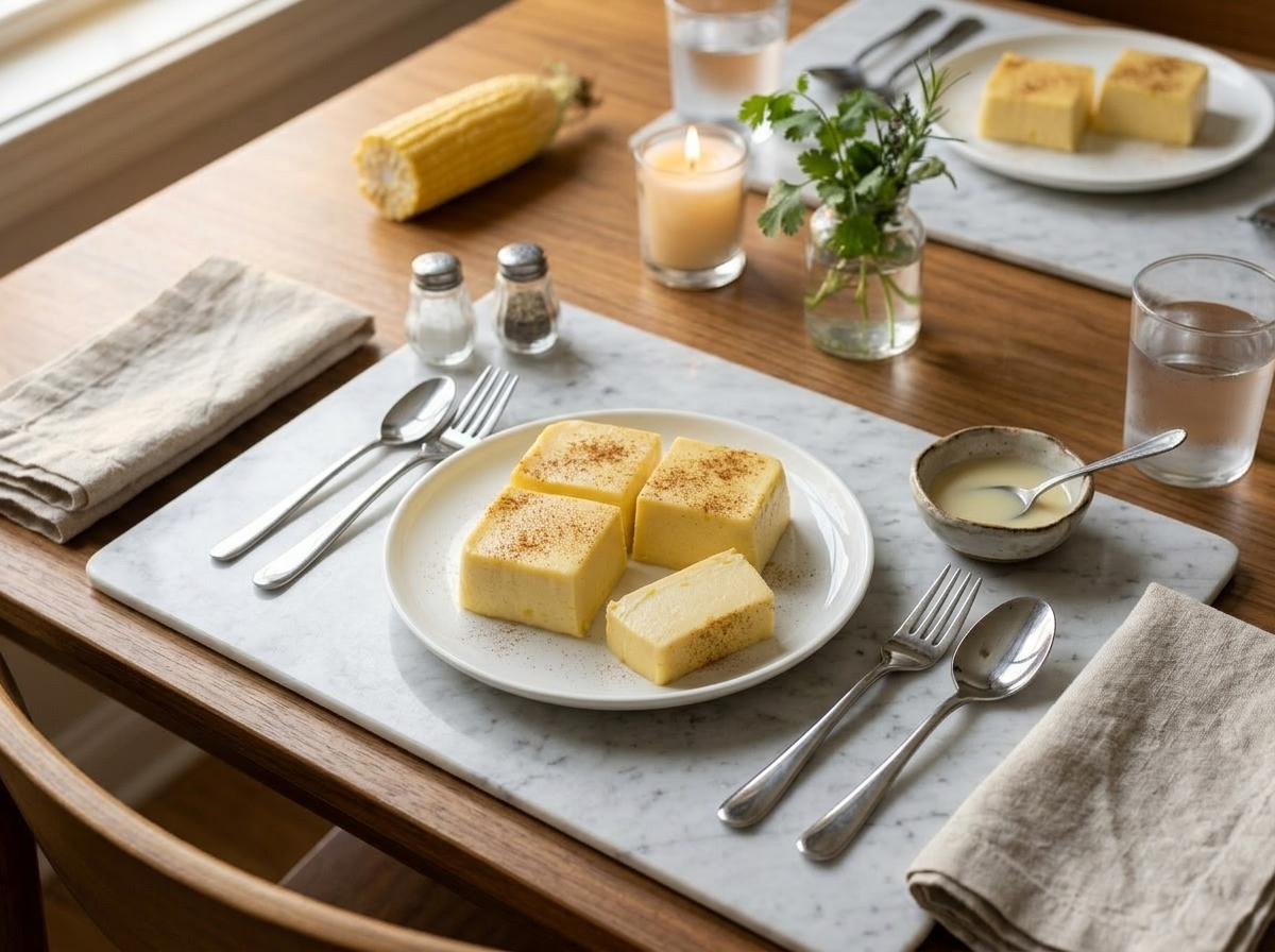 Two servings of chilled corn milk pudding on ceramic plates with condensed milk and a halved corn cob on a wooden table