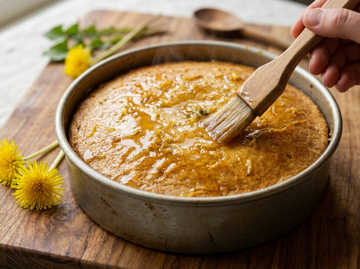 Brushing warm dandelion syrup over a freshly baked sponge cake with skewer holes to absorb the floral glaze