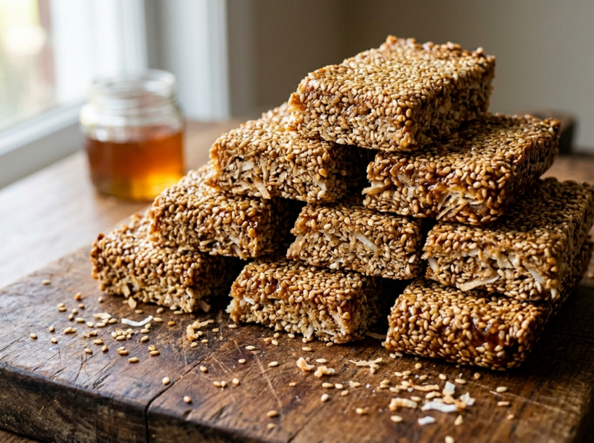 Golden sesame coconut candy slabs broken into rectangular bars on a wooden board, studded with toasted sesame seeds