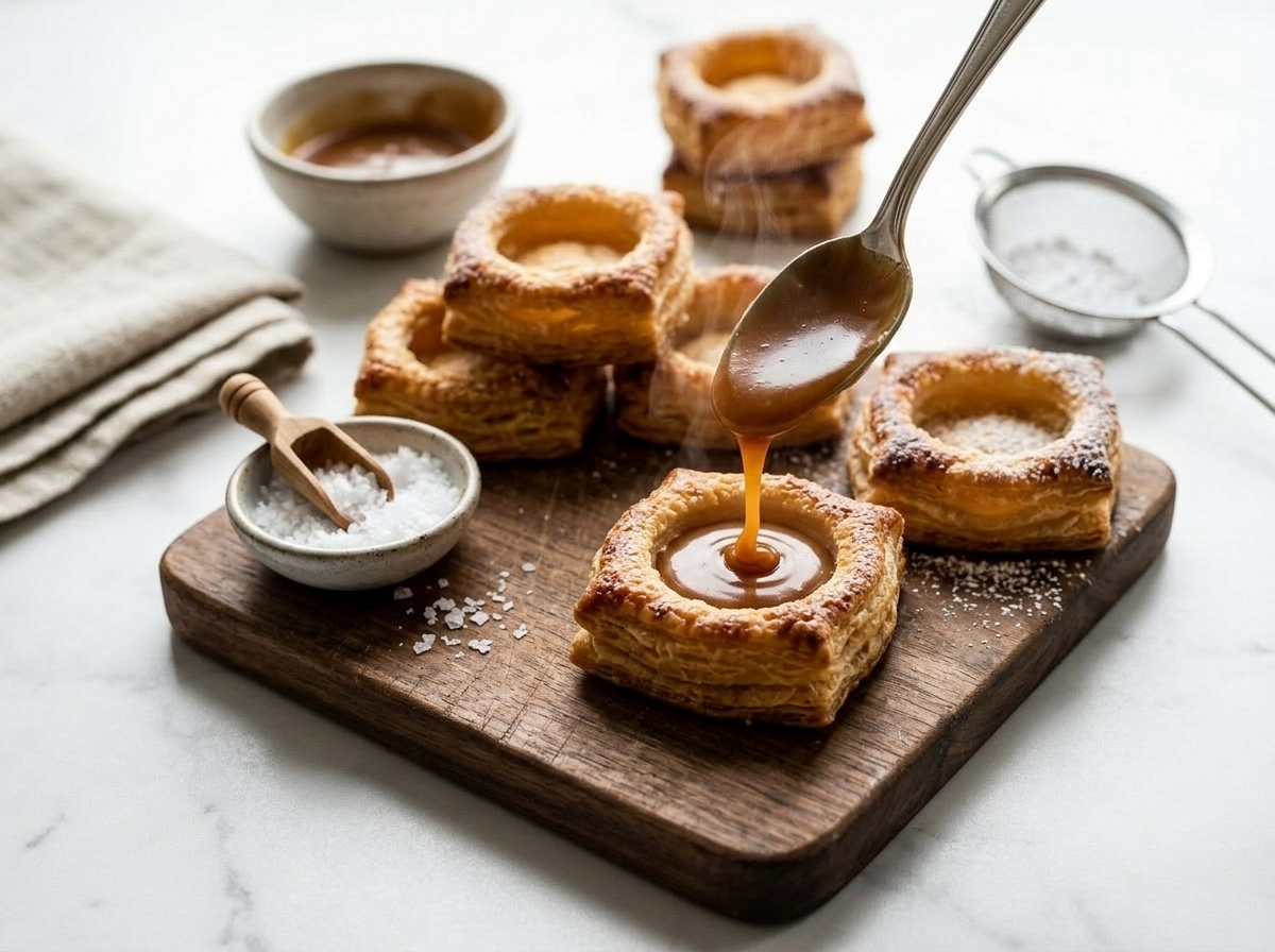 Warm caramel sauce being spooned into a baked golden puff pastry shell on a wooden board