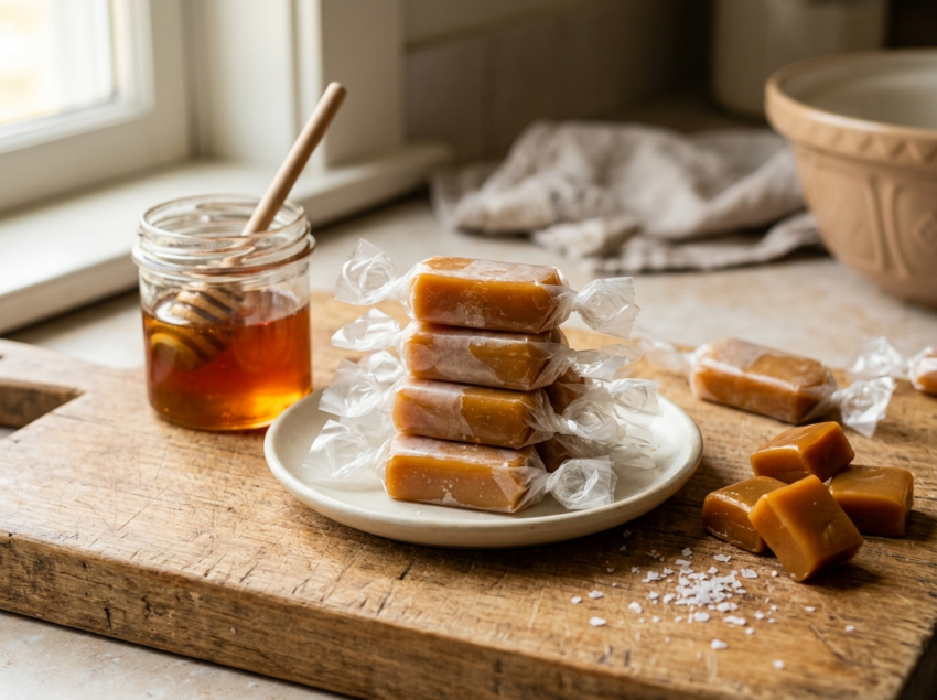 Stack of homemade honey caramel candies wrapped in wax paper on a wooden board with a jar of amber honey