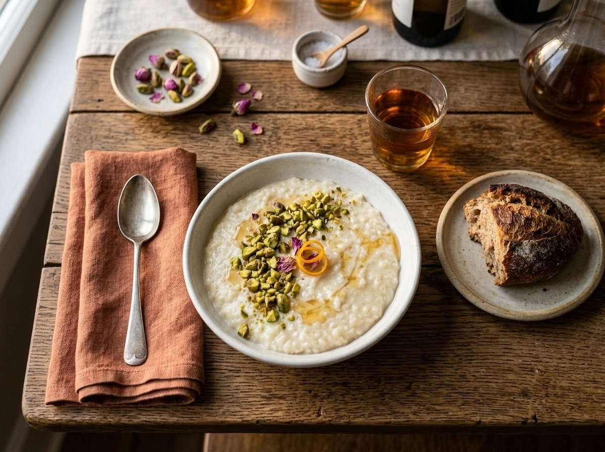 Chilled orange blossom rice custard in a shallow bowl with pistachios, orange zest, and a glass of Muscat wine
