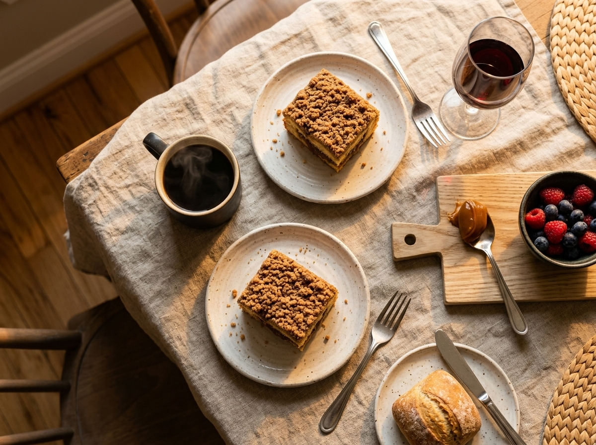 Two slices of dulce de leche crumb cake on white plates beside a mug of black coffee on a linen table