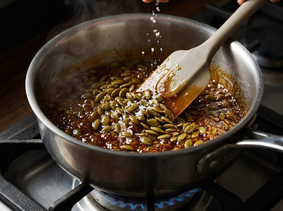 Toasted pepitas being stirred into dark amber honey caramel in a stainless saucepan