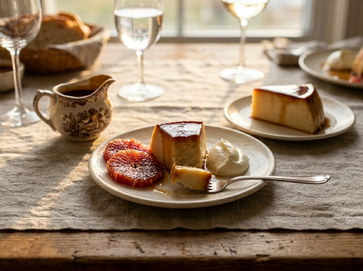 Two slices of caramel semolina pudding plated with blood oranges and creme fraiche on a linen-covered table