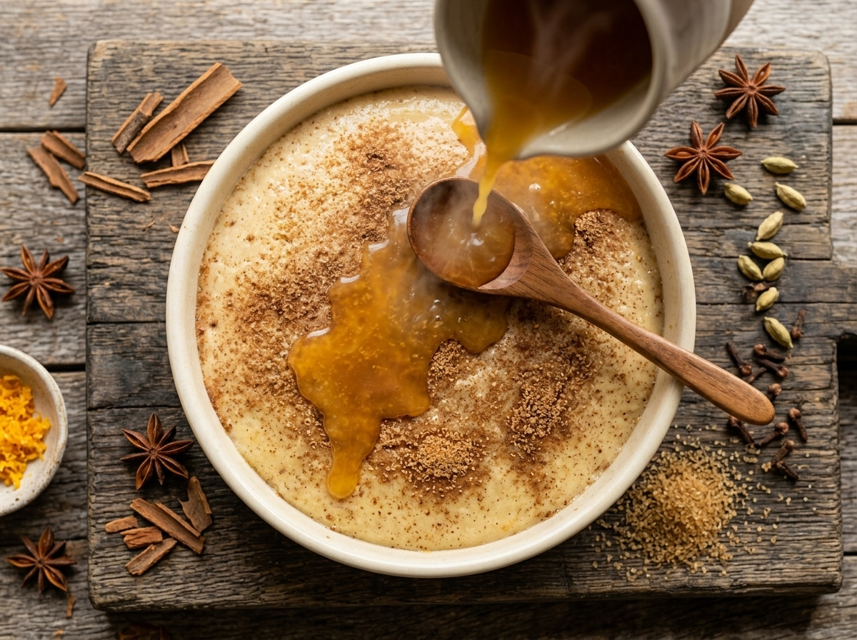 Boiling orange juice poured over the back of a spoon onto unbaked pudding cake batter in a white baking dish.