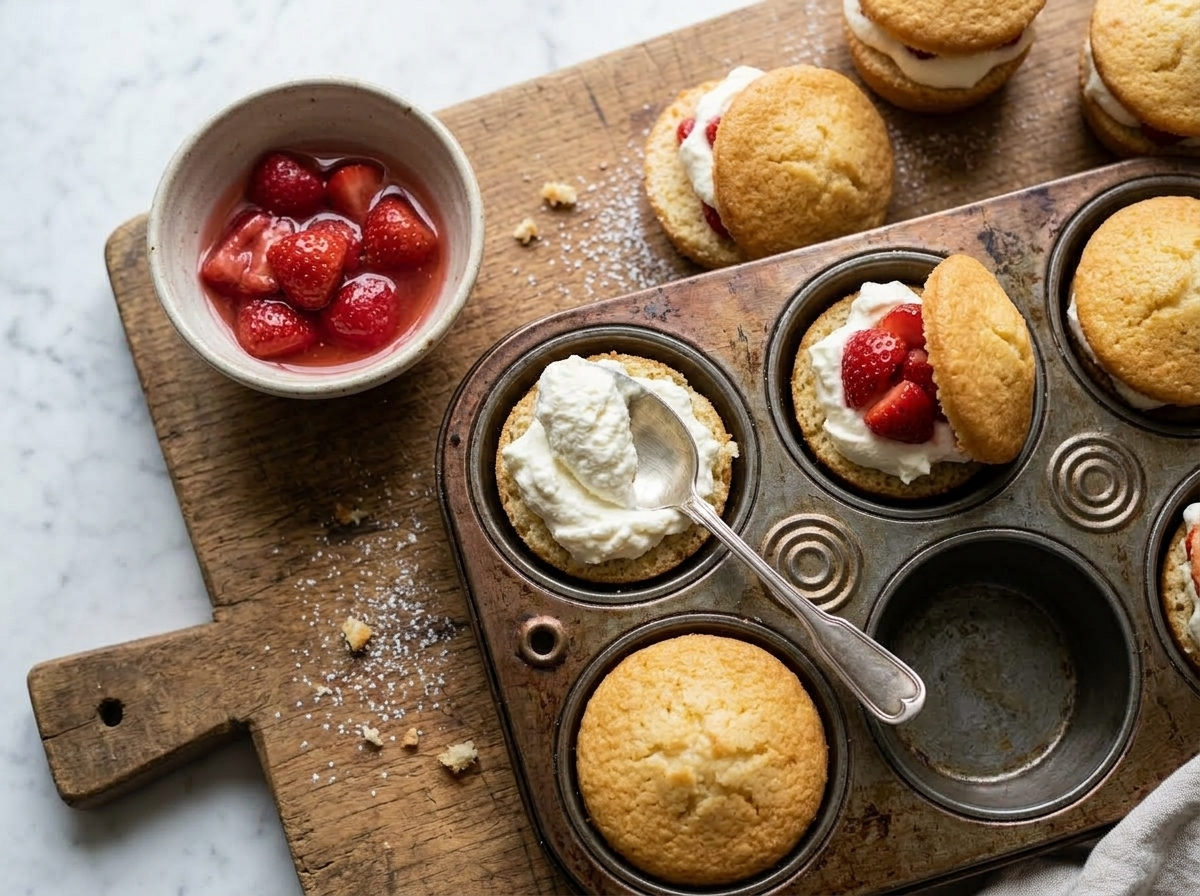 Whipped cream being spooned onto a halved mini sponge cake with macerated strawberries in a bowl nearby