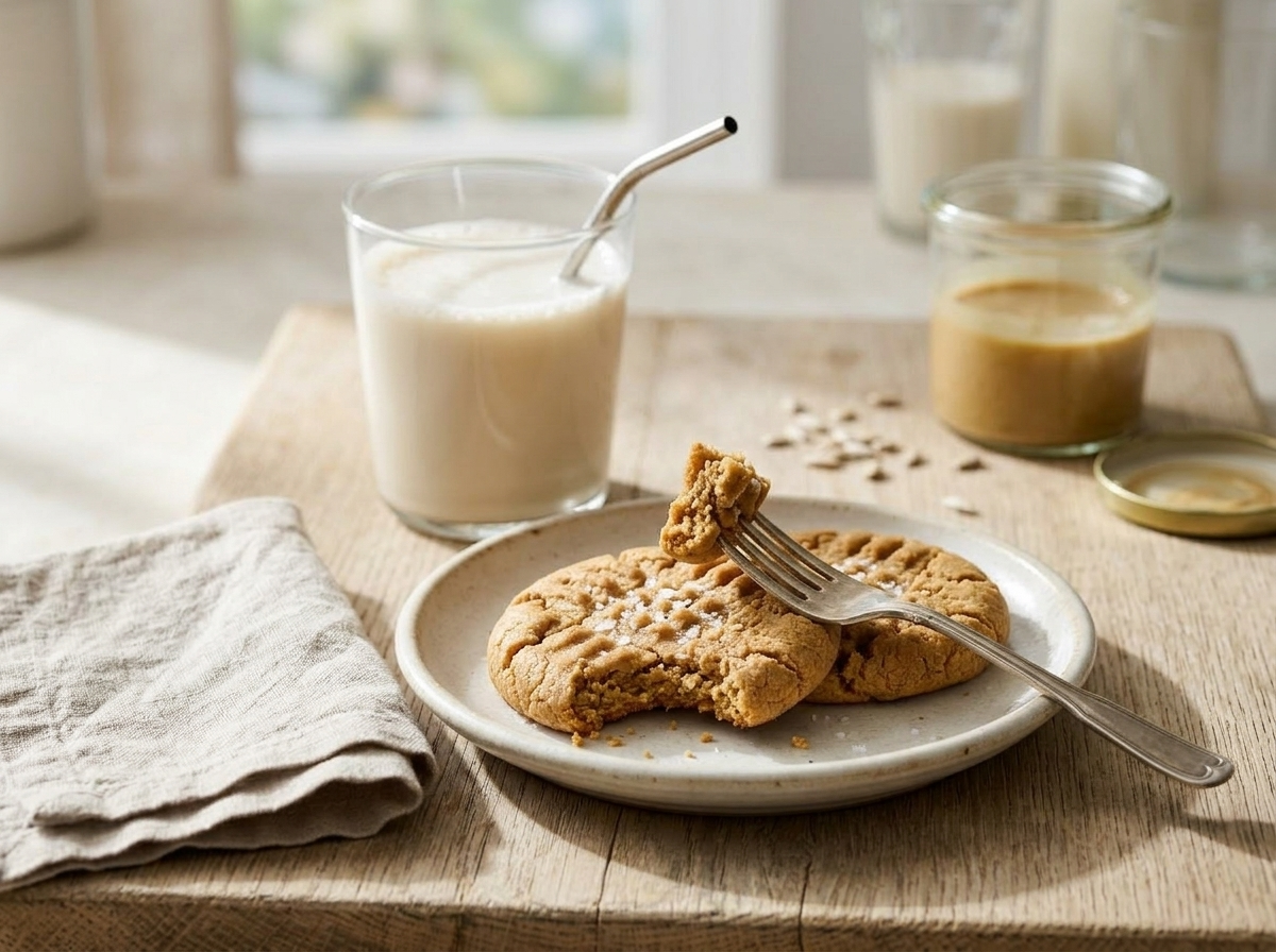 Two sunflower tahini cookies on a small plate beside a glass of oat milk on a linen-covered oak table