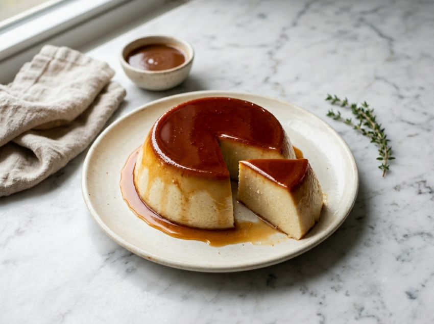 Unmolded caramel semolina pudding on a white plate showing glossy amber caramel top layer and creamy interior