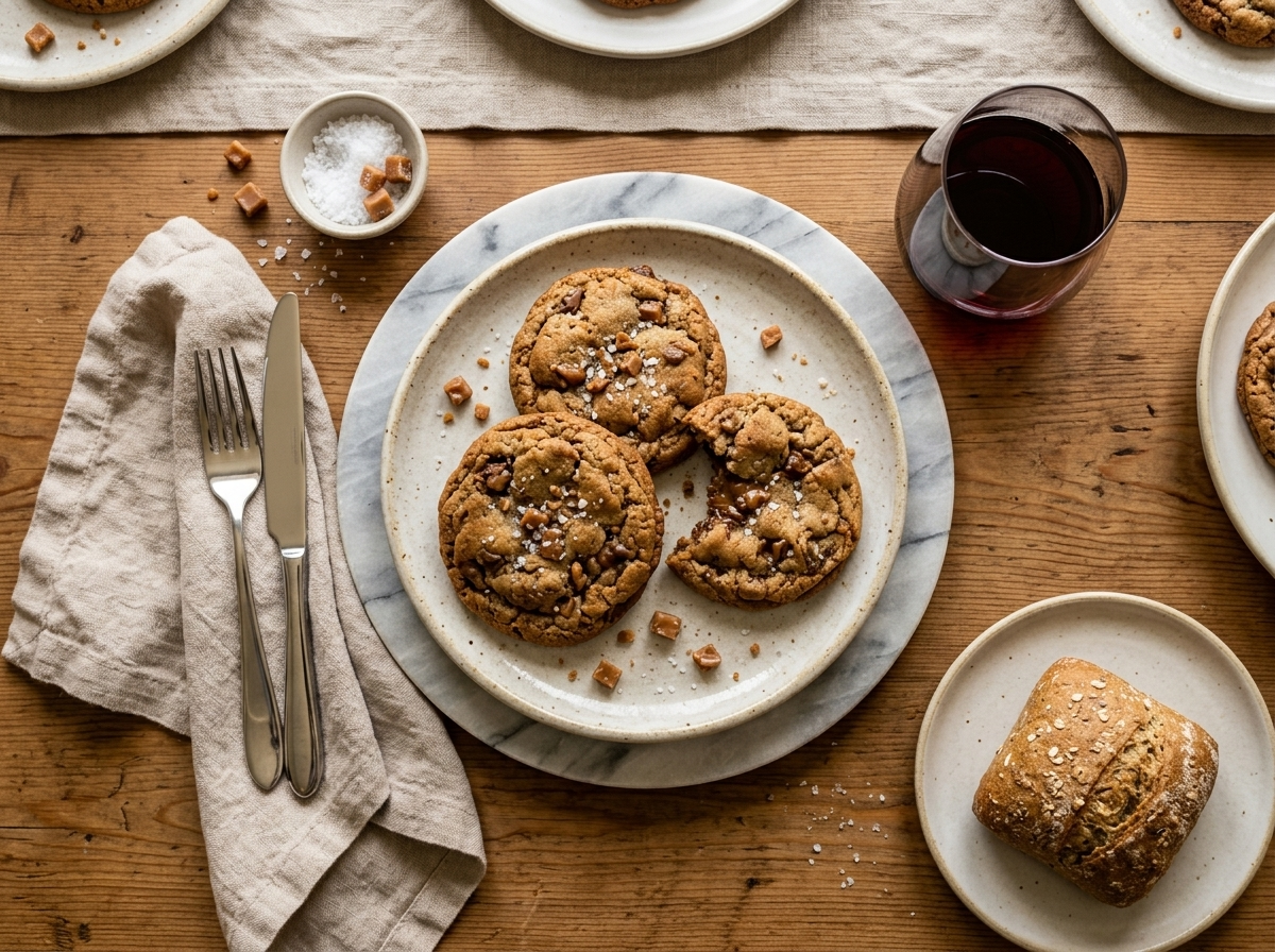 Three brown butter toffee cookies on marble surface next to a glass of cold milk with scattered crumbs