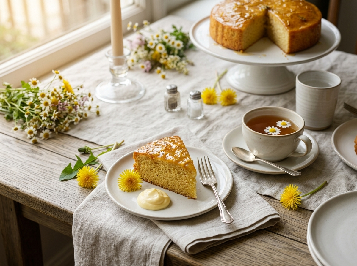 A slice of dandelion sponge cake with clotted cream and chamomile tea on a linen-covered wooden table