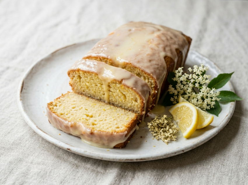 Sliced elderflower lemon loaf with floral glaze, fresh lemon wedges and elderflower sprigs on linen
