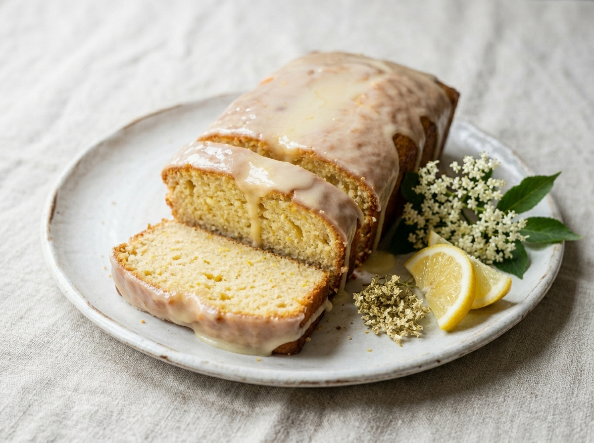 Sliced elderflower lemon loaf with floral glaze, fresh lemon wedges and elderflower sprigs on linen
