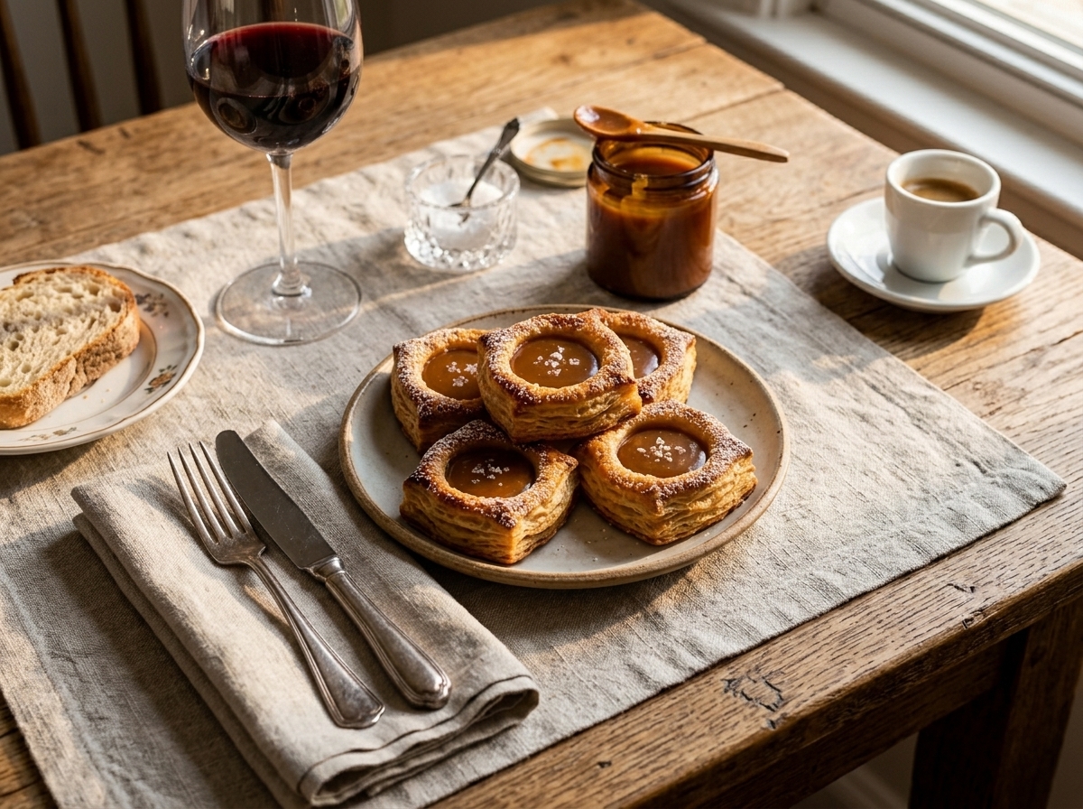Mini caramel puff pastries on a ceramic plate beside an espresso cup on a linen napkin
