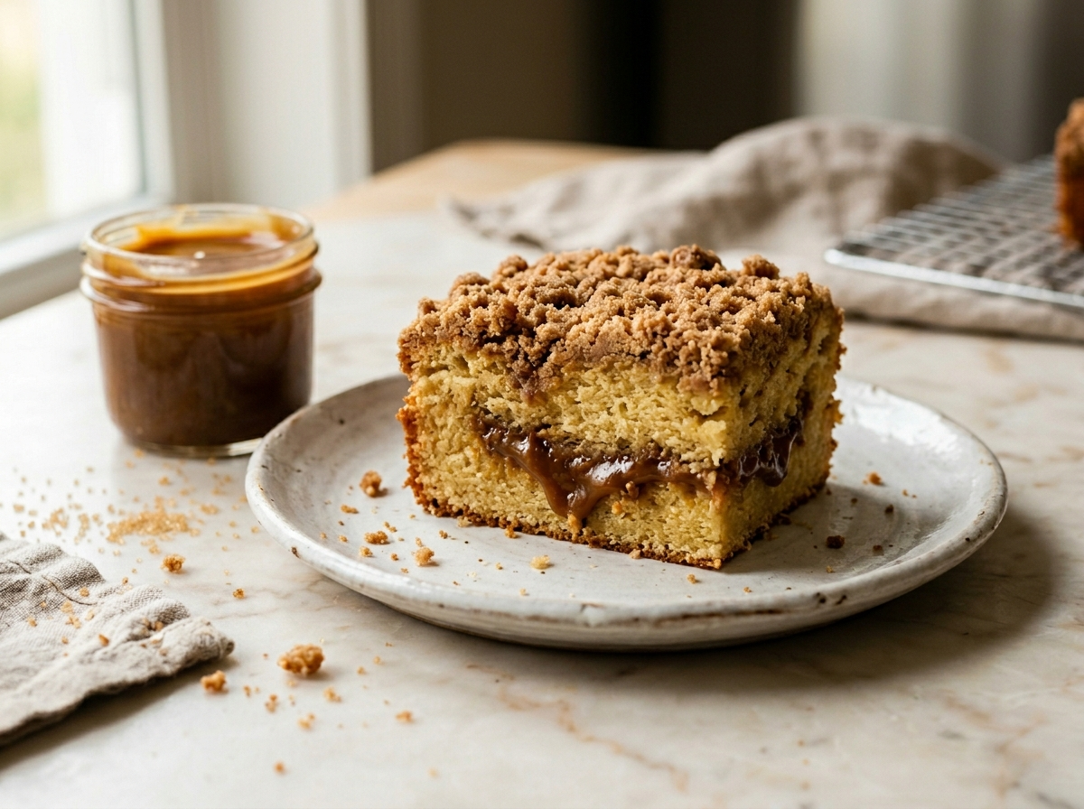 Dulce de leche crumb cake slices on a white plate showing caramel ribbon center and thick brown sugar crumb topping