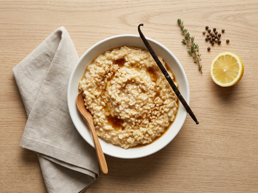 Creamy toasted rice pudding in a white ceramic bowl with brown butter and vanilla bean on an oak surface