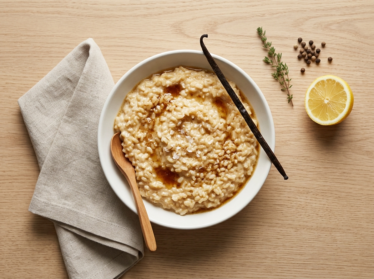 Creamy toasted rice pudding in a white ceramic bowl with brown butter and vanilla bean on an oak surface