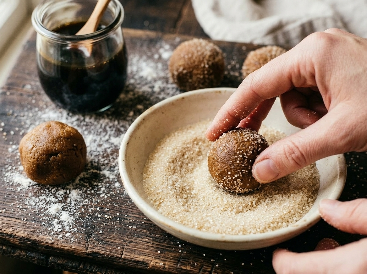 Hands rolling sorghum molasses cookie dough balls in granulated sugar before baking