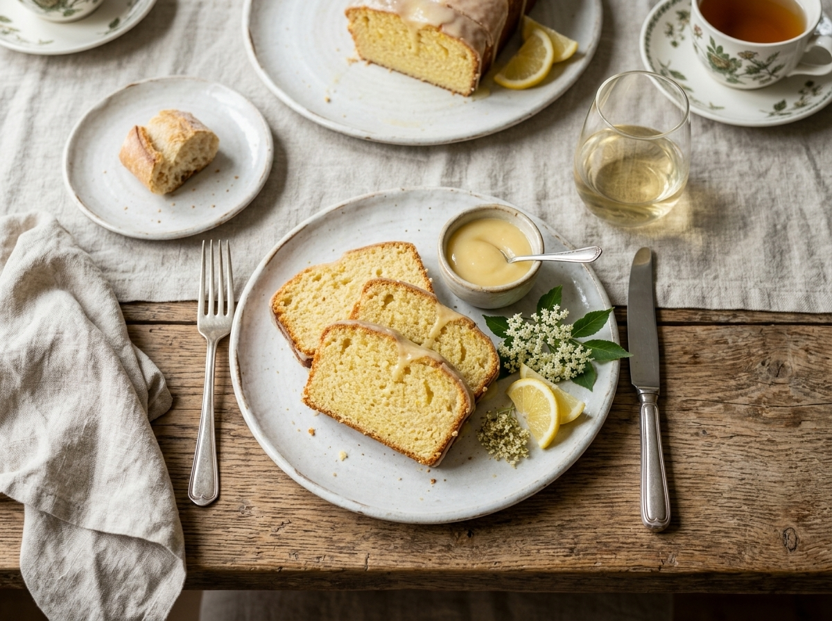 Two slices of elderflower lemon loaf on a ceramic plate with lemon curd and a cup of tea