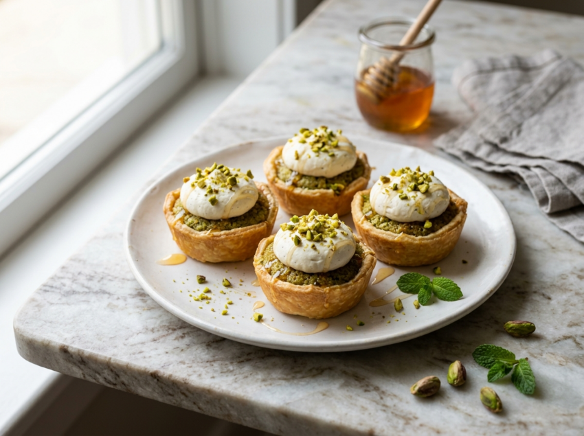 Four mini pistachio tartlets with vanilla cream and honey drizzle on a white ceramic plate, marble surface.