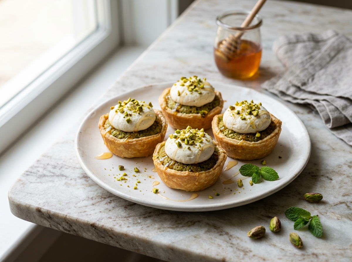 Four mini pistachio tartlets with vanilla cream and honey drizzle on a white ceramic plate, marble surface.