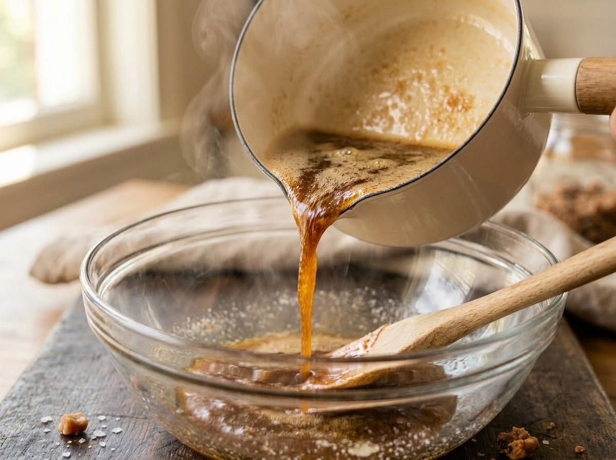 Deep amber brown butter being poured from saucepan into glass bowl for toffee cookie dough