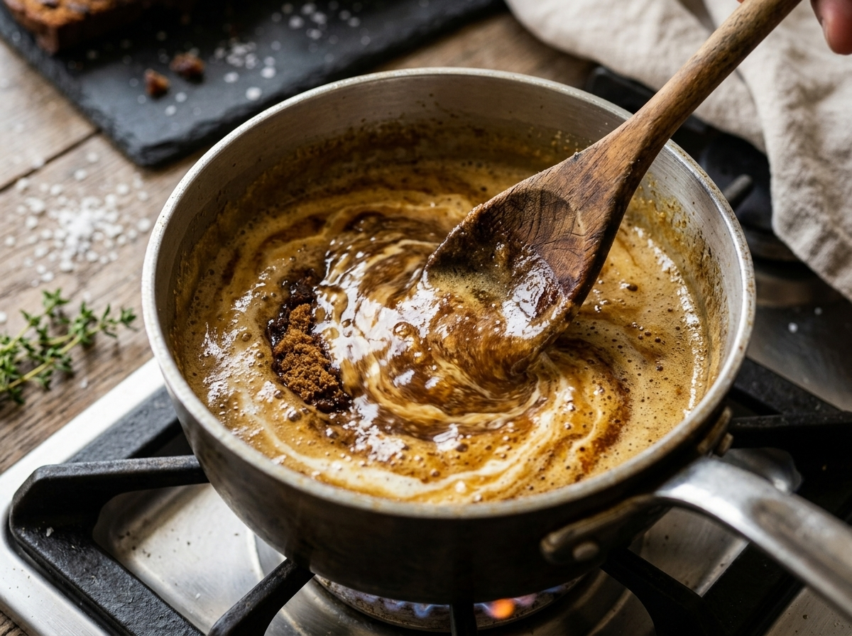 Brown butter toffee sauce being stirred in a saucepan with muscovado sugar and cream over a gas hob.